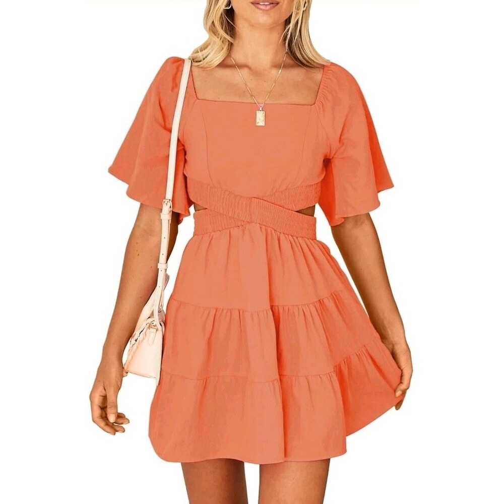NWT Shy Velvet | Sz L | Orange Cutout Crossover Waist Mini Dress Flutter Sleeves